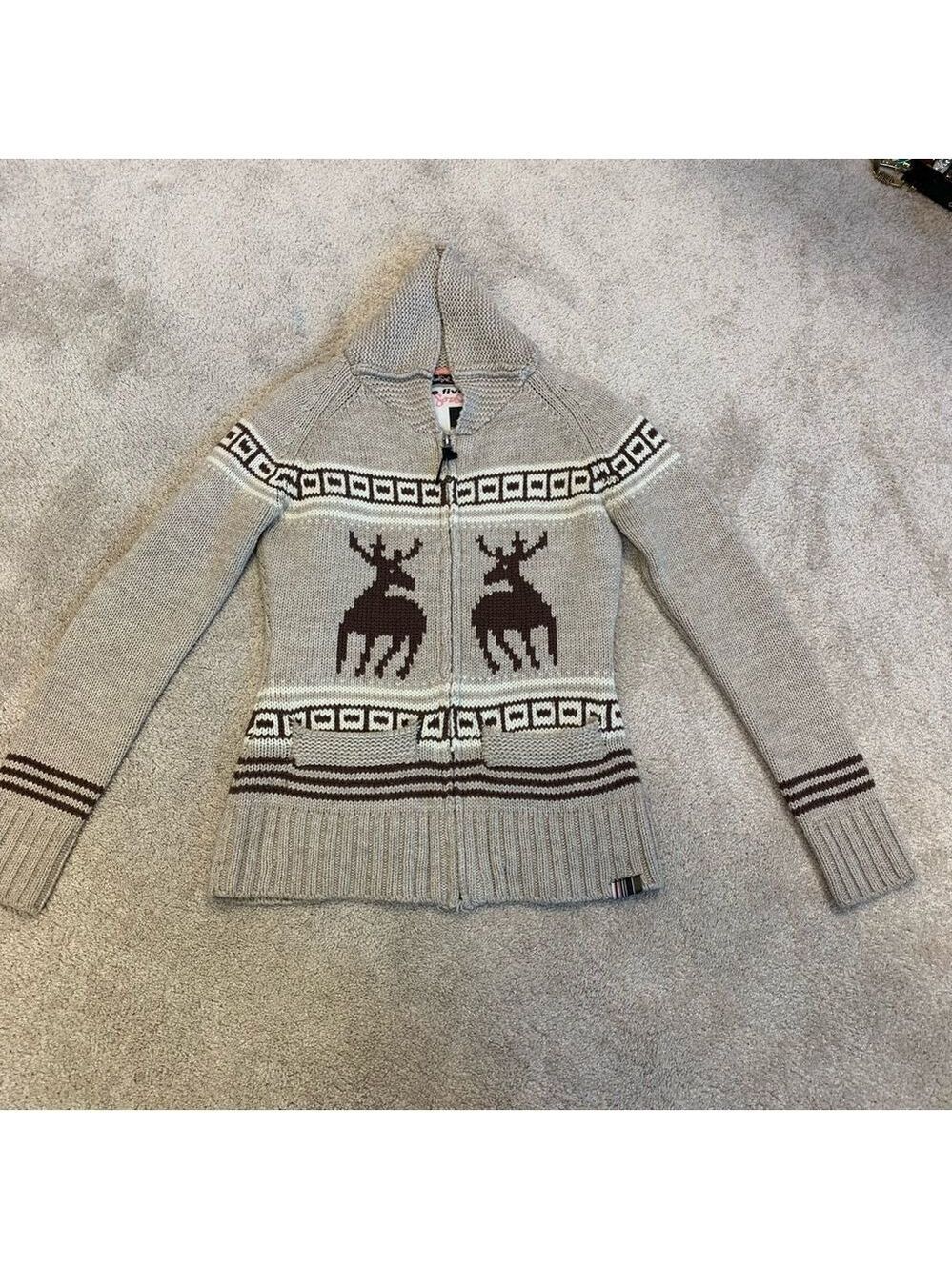 Triple Five Soul beige brown reindeer Zipup jacket wool sweater Sz S - Picture 9 of 15